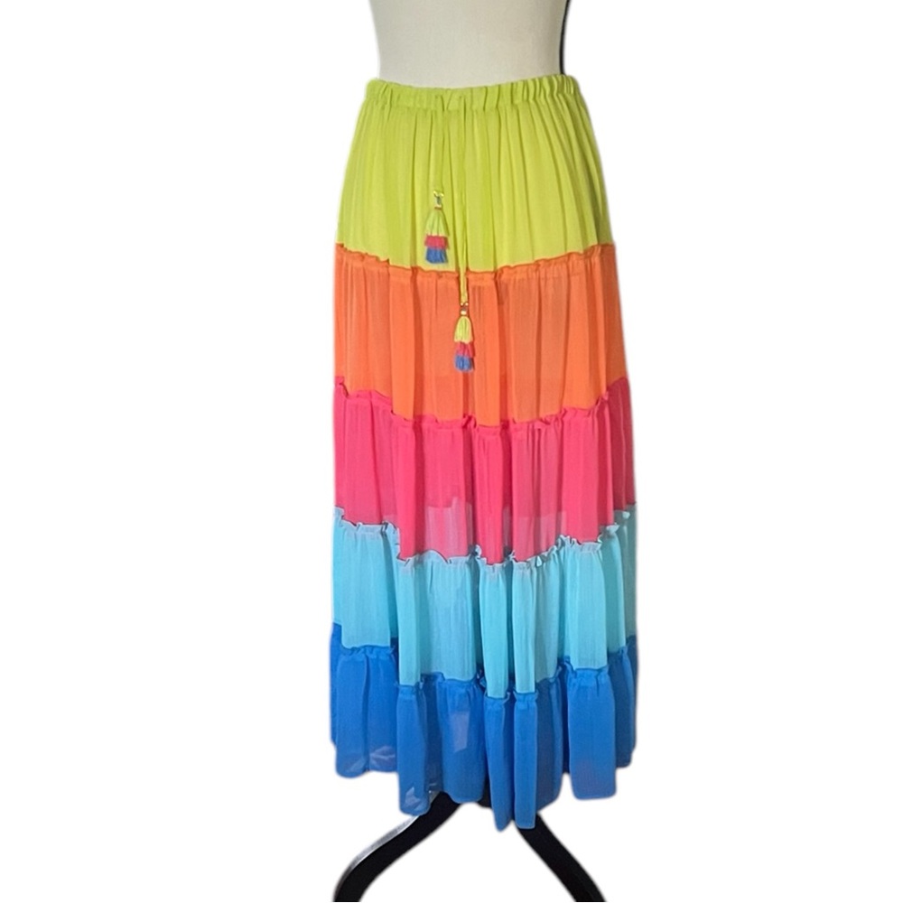 Bleu Rod Beattie Rainbow Sheer Ruffle tiers long flowing skirt. Size S
